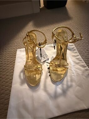 Zara Metallic Gold Strappy High Heel Sandals